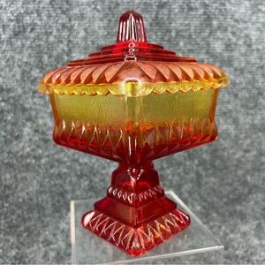 Jeanette Wedding Box Amberina Red Orange Square Pedestal Candy Dish Vtg